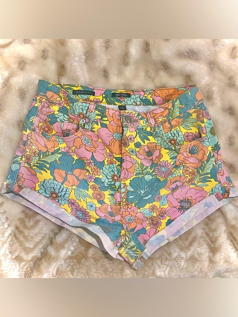 Wild Fable Floral High-Rise Cotton Blend Shorts - Yellow Teal Orange Pink Size 6
